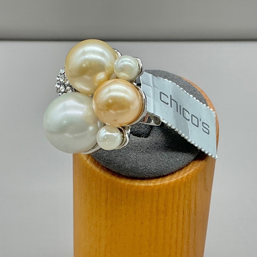 Chico's Ring Womens Silver Gold Tone Faux Pearl Rhinestone Adjustable One Size